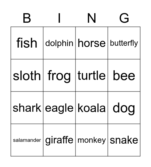 Animals Bingo Card