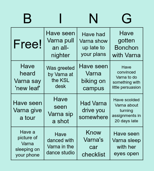 Varna's 23rd Birthday Bingo Card