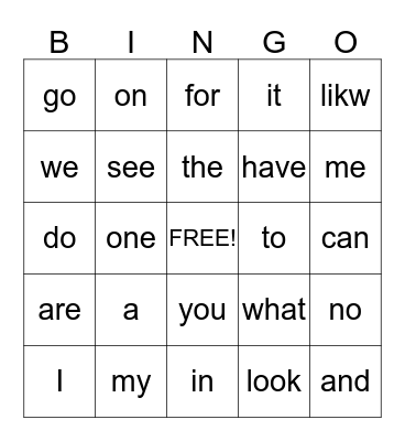 SIGHT WORDS #1 Bingo Card