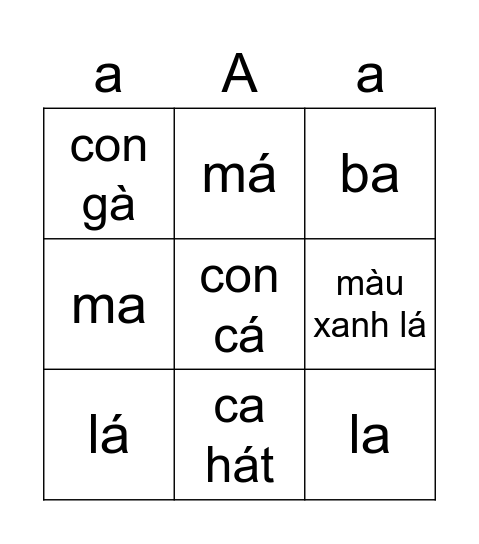 A-a Bingo Card