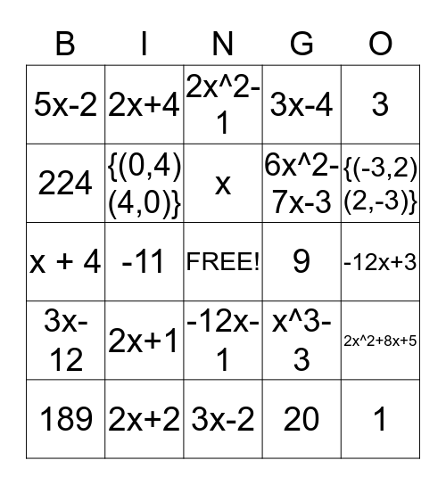 Combining Functions Bingo Card