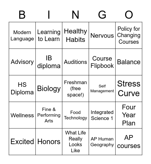 Grade 9 Course Selection Bingo Card