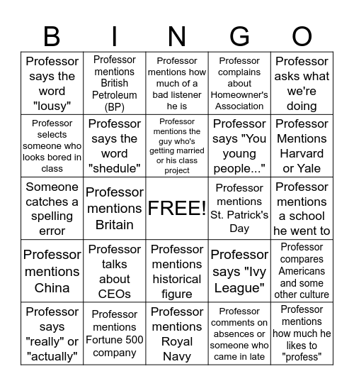Bingo Game For Dr. Moodie's Managing Projects Class Bingo Card