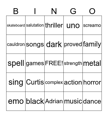 Curtis Bingo Card