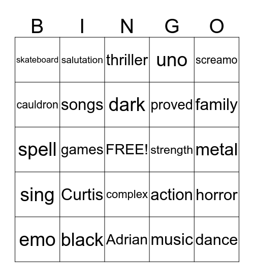 Curtis Bingo Card