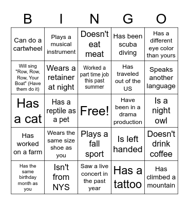 Get to know you BINGO Card