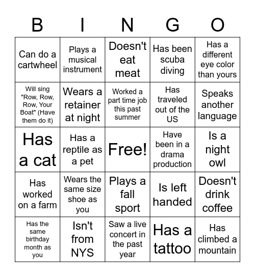 Get to know you BINGO Card