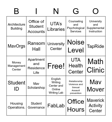 UTA Campus Resources Bingo Card