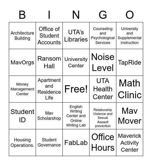 UTA Campus Resources Bingo Card