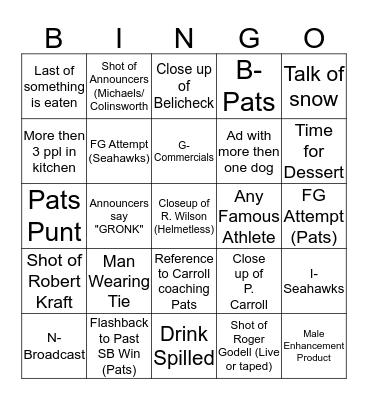 Super Bowl Bingo Card