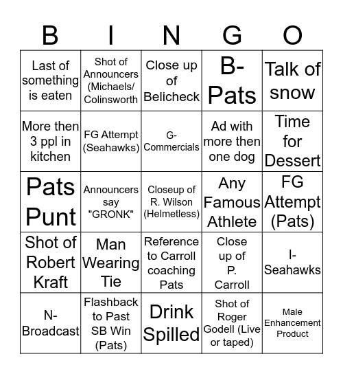 Super Bowl Bingo Card