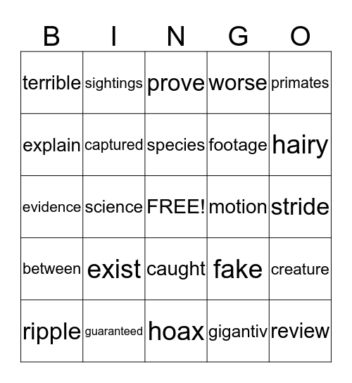 Big Foot Bingo Card