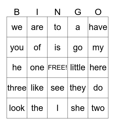 Sight Words- Level A Bingo Card