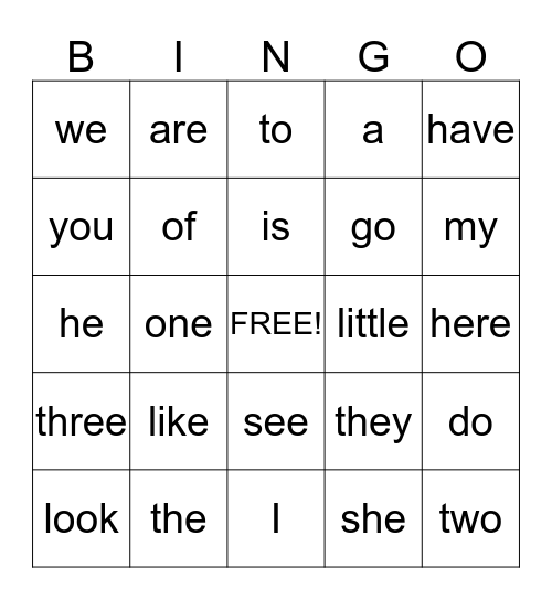 Sight Words- Level A Bingo Card