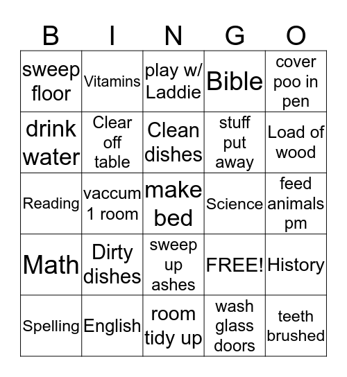 Sarah's Chores Bingo Card