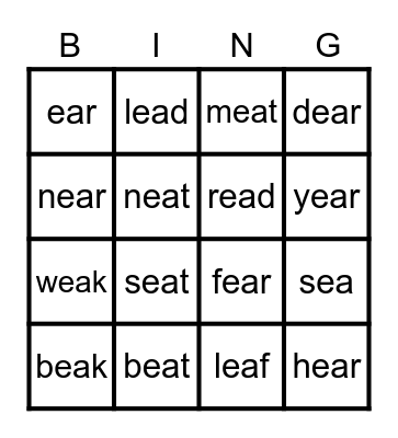 "ea" words Bingo Card