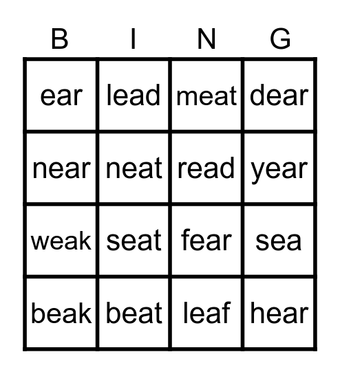 "ea" words Bingo Card