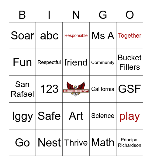 Glenwood Elementary Bingo Card Bingo Card
