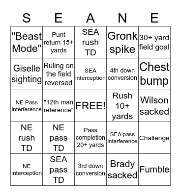 NFL Super Bowl XLIX Bingo Card