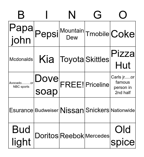 Super Bowl  Bingo Card