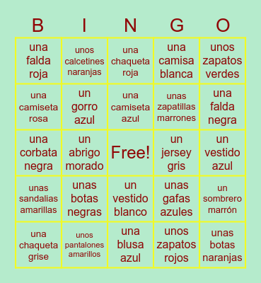 Clothes with colours Bingo Card