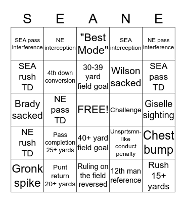 NFL Super Bowl XLIX Bingo Card
