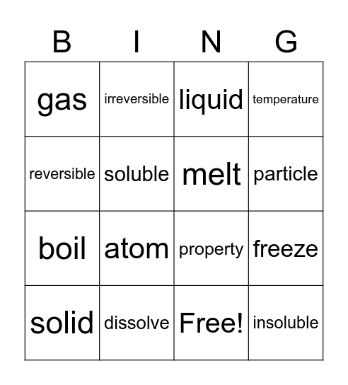 Solids, Liquids & Gases Bingo Card