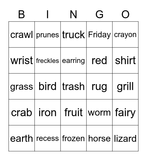 R words Bingo Card