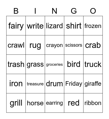 R words Bingo Card