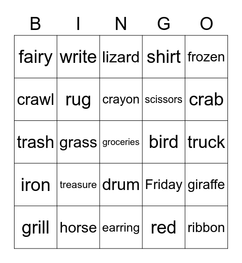R words Bingo Card
