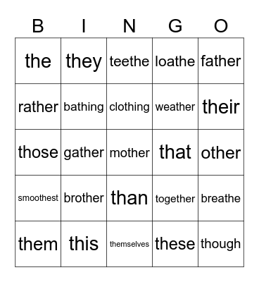 Voiced TH words Bingo Card
