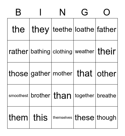 Voiced TH words Bingo Card