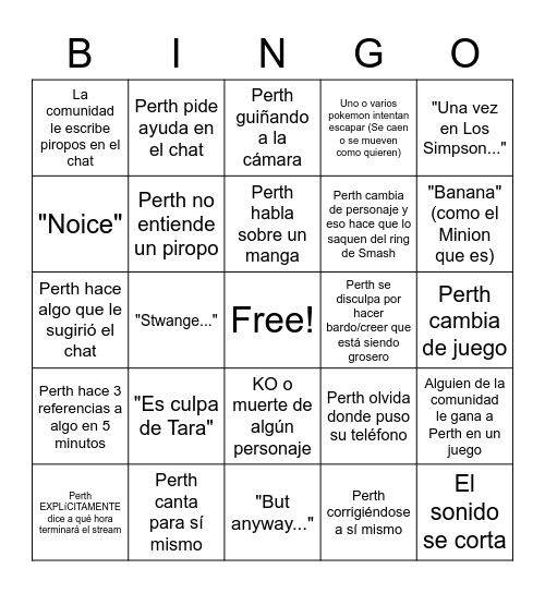 Perth Bingo Español Bingo Card
