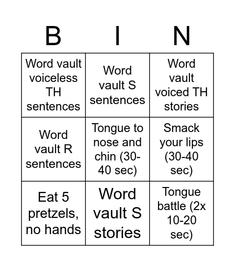 Speech activities Bingo Card