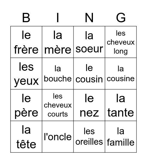 French class Bingo Card