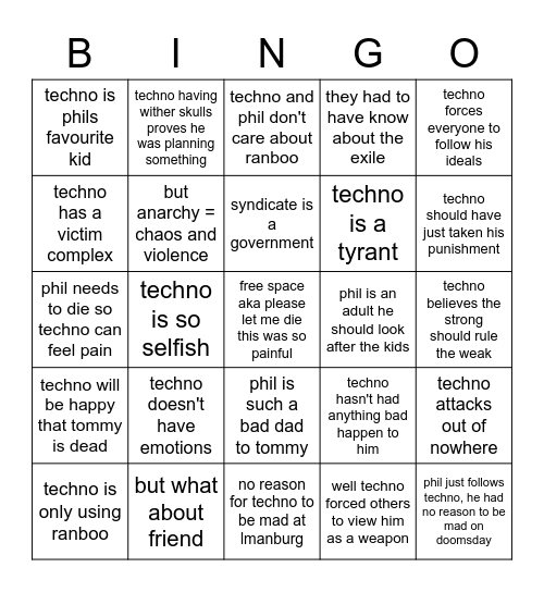 Shitty phil and techno takes 2.0 Bingo Card