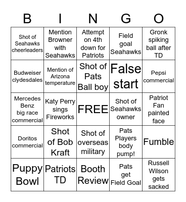 Superbowl Bingo Card