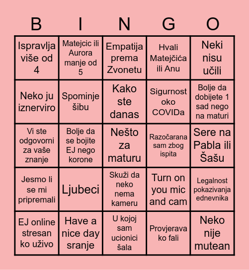 Engleski bingo Card
