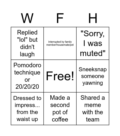 Sneek Remote Work Bingo Card