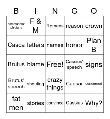 Julius Caesar Act 1, scenes 2 & 3 Bingo Card