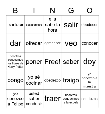 Irregular YO verbs/ saber vs conocer Bingo Card