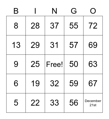 Number Bingo 1-75 Bingo Card