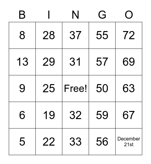 Number Bingo 1-75 Bingo Card