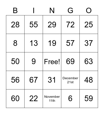 Number Bingo 1-75 Bingo Card