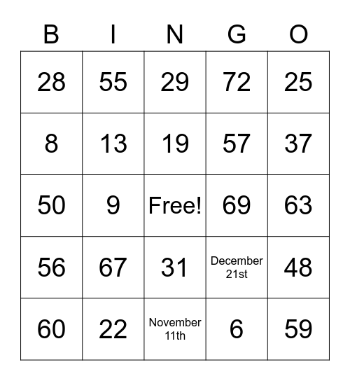 Number Bingo 1-75 Bingo Card