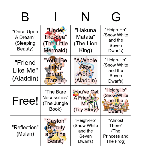 DISNEY SONG BINGO Card