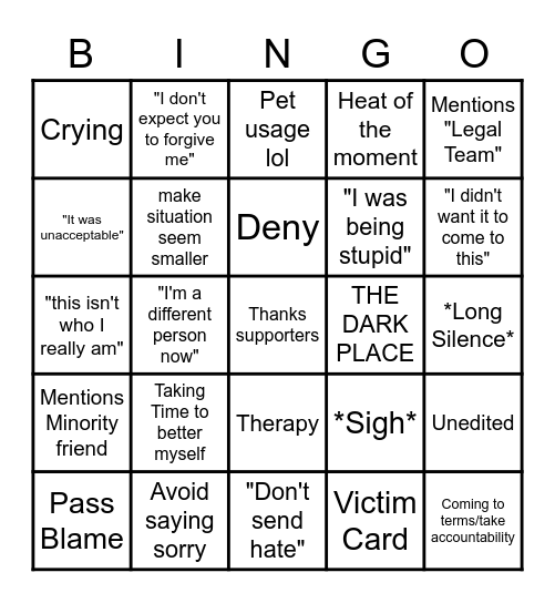 Apology Bingo Card