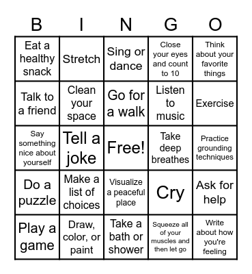 Coping Skills Bingo Card