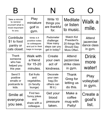 Wellness Bingo Card