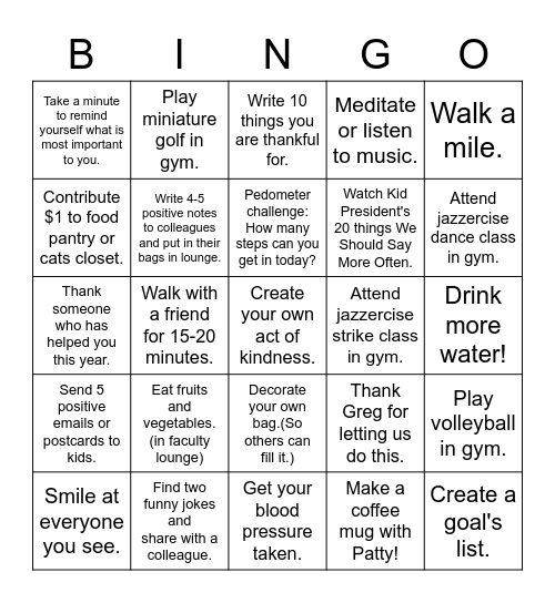 Wellness Bingo Card